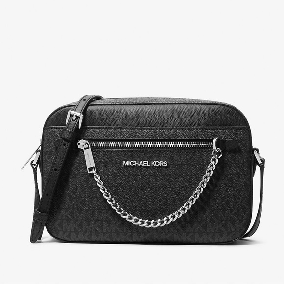 Michael Kors Handbags - Michael Kors Black Jet Set Large Logo Crossbody Bag Purse with Silver Hardware